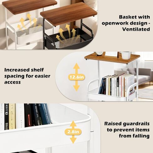 عربة دوارة مع سطح طاولة خشبي، عربة أدوات معدنية من 3 طبقات مع عجلات قابلة للقفل، عربة تخزين دوارة مع سطح طاولة للمطبخ والمكتب وغرفة النوم (أسود) in Kuwait