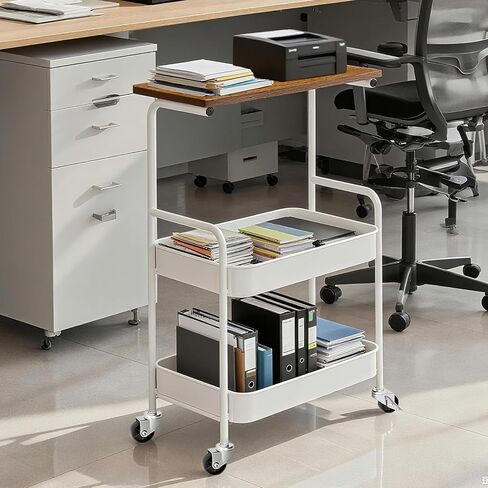 عربة دوارة مع سطح طاولة خشبي، عربة أدوات معدنية من 3 طبقات مع عجلات قابلة للقفل، عربة تخزين دوارة مع سطح طاولة للمطبخ والمكتب وغرفة النوم (أسود) in Kuwait