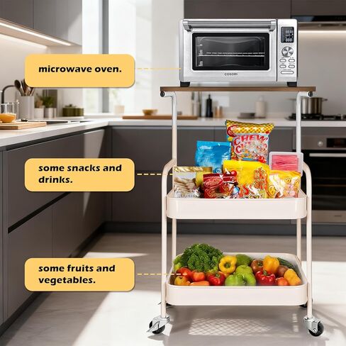 عربة دوارة مع سطح طاولة خشبي، عربة أدوات معدنية من 3 طبقات مع عجلات قابلة للقفل، عربة تخزين دوارة مع سطح طاولة للمطبخ والمكتب وغرفة النوم (أسود) in Kuwait