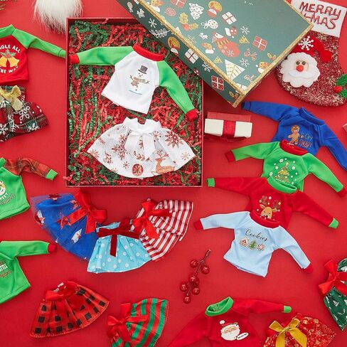 Soulchen 18 Pcs Christmas Doll Clothes Christmas Doll Accessories Outfit Dress Sweater Skirts Knitted Clothing with Santa Xmas Tree Elk Snowman Print for Holiday Xmas Gift in Saudi Arabia