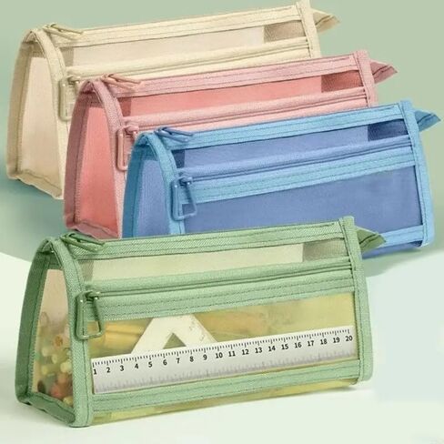 1PC Double Layers Mesh Pen Case for Students - Large Capacity, Clear Pencil Pouch, Great Desk Organizer, Blue in Saudi Arabia
