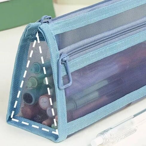1PC Double Layers Mesh Pen Case for Students - Large Capacity, Clear Pencil Pouch, Great Desk Organizer, Blue in Saudi Arabia