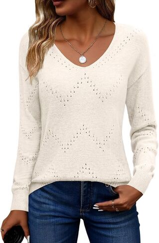 Zeagoo Womens Sweaters Fall Trendy Casual Long Sleeve Shirt Lightweight V Neck Off Shoulder Crochet Pullover Top Outfit in Kuwait