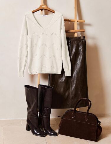 Zeagoo Womens Sweaters Fall Trendy Casual Long Sleeve Shirt Lightweight V Neck Off Shoulder Crochet Pullover Top Outfit in Kuwait