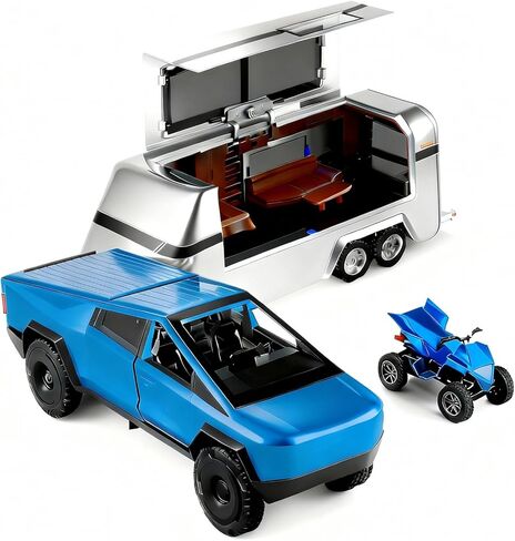 1/32 Pickup Truck Toy car 3-in-1 Travel RV Set with Metal Pickup, Removable Camper & Off-Road Motorcycle Cool Sound & Light Effects,Christmas Birthday Gift (Silver) in Saudi Arabia