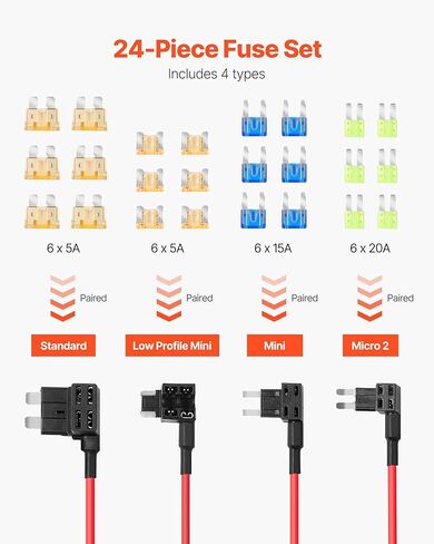 VEVOR Fuse Tap, 24 Packs, 4 Types 12V Car Add-a-Circuit Fuse Tap Adapter, Standard Mini Micro2 and Low Profile Mini Blade Fuses Holder, ATO ATC ATM Fuses Adapter Jumper for Cars Trucks Boats in Saudi Arabia