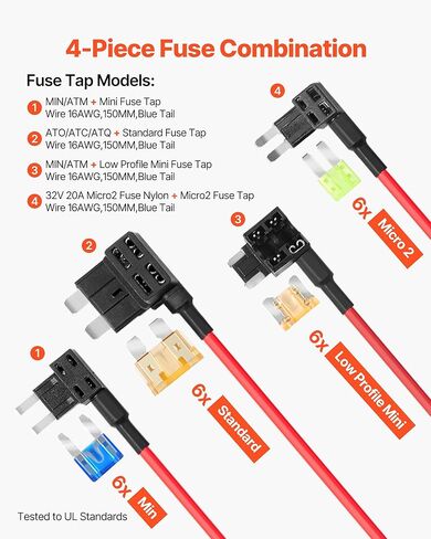 VEVOR Fuse Tap, 24 Packs, 4 Types 12V Car Add-a-Circuit Fuse Tap Adapter, Standard Mini Micro2 and Low Profile Mini Blade Fuses Holder, ATO ATC ATM Fuses Adapter Jumper for Cars Trucks Boats in Saudi Arabia