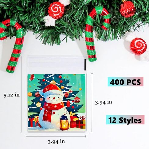 UTOYSOV 400 PCS Christmas Candy Bags, 12 Styles Self Adhesive Trick or Treat Cookie Bags for Party Gift Supplies, Cellophane Christmas Goodie Bags in Saudi Arabia