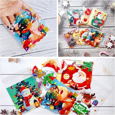UTOYSOV 400 PCS Christmas Candy Bags, 12 Styles Self Adhesive Trick or Treat Cookie Bags for Party Gift Supplies, Cellophane Christmas Goodie Bags in Saudi Arabia