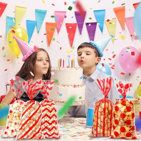 أكياس علاج السيلوفان لعيد الميلاد، 100 قطعة من البلاستيك الأحمر حقيبة هدايا حلوى جودي مع ربطات عنق، حقيبة وجبات خفيفة شفافة مع خطوط منقطة ونمط مطبوع على شكل نجمة لعيد الميلاد وحفلات الزفاف وحفلات الزفاف مقاس 10.8 × 5 بوصات in Kuwait