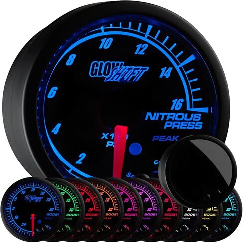 GlowShift Elite 10 Color 1,600 PSI Nitrous Pressure NOS Gauge Kit - Includes Electronic Sensor - Black Dial - Tinted Lens - Peak Recall Function - for Car & Truck - 2-1/16" 52mm in Saudi Arabia