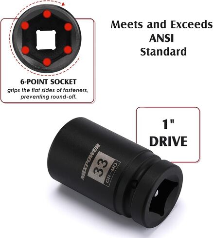 MIXPOWER 1 Inch Drive Deep Impact Socket, CR-MO, 33mm, 6 Point, Radius Corner Design, Chamfered Opening, Axle Nut Impact Grade Socket for Easy Removal in Kuwait