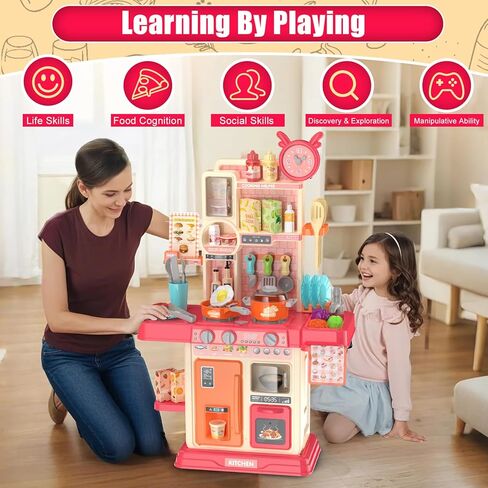 Play Kitchen for Toddlers, Kids Kitchen Playset Toddler Girl Toys with Cooking Stove Steam, Sink and Food Pretend Cooking Set Toy for 3 4 5 Year Old Kid Birthday (Red) in Saudi Arabia