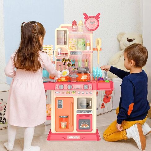 Play Kitchen for Toddlers, Kids Kitchen Playset Toddler Girl Toys with Cooking Stove Steam, Sink and Food Pretend Cooking Set Toy for 3 4 5 Year Old Kid Birthday (Red) in Saudi Arabia