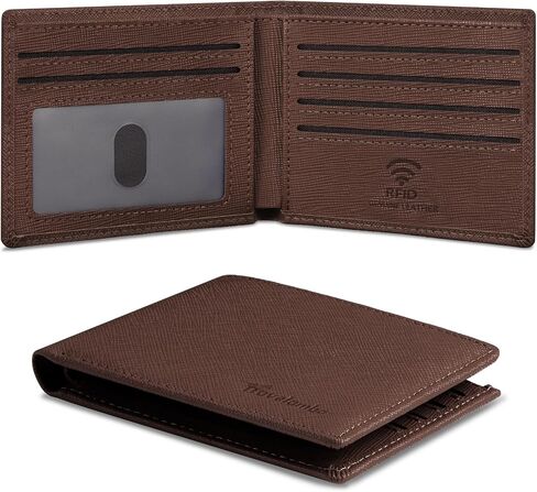 Travelambo Real Leather Wallet for Men, RFID Blocking Bifold Mens Wallet, Minimalist Front Pocket Wallet for Men with Gift Box - 7 Card Slots and ID Window (Crazy Horse, Coffee) in Kuwait