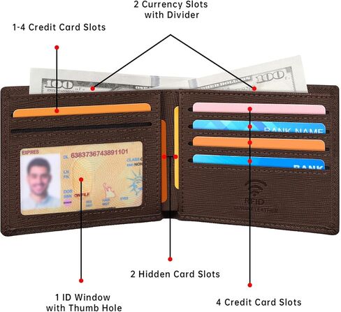Travelambo Real Leather Wallet for Men, RFID Blocking Bifold Mens Wallet, Minimalist Front Pocket Wallet for Men with Gift Box - 7 Card Slots and ID Window (Crazy Horse, Coffee) in Kuwait