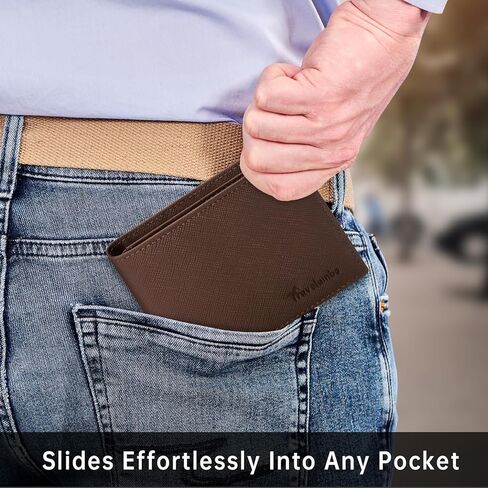 Travelambo Real Leather Wallet for Men, RFID Blocking Bifold Mens Wallet, Minimalist Front Pocket Wallet for Men with Gift Box - 7 Card Slots and ID Window (Crazy Horse, Coffee) in Kuwait