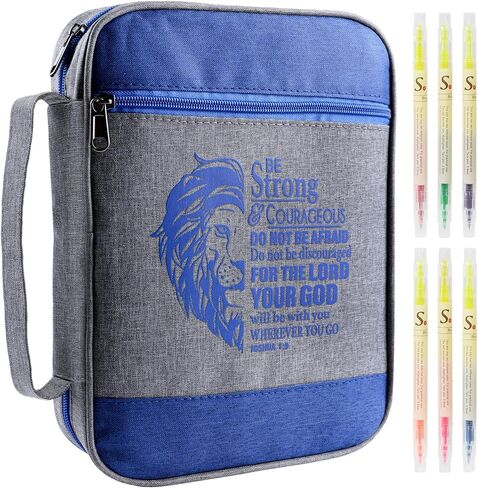 Bible Cover Case for Men Boys Mens Bible Carrying Bag Church Study Book Carrier with Pockets Handle Zipper, Highlighter Set Christian Gift Fits Medium Large Size Bible 10"x7.5"x2.2" (Blue) in Saudi Arabia