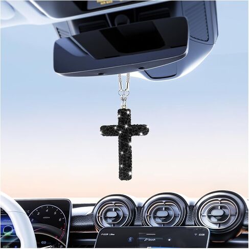 Bling Cross Car Rear View Mirror Charm, Crystal Rhinestone Religious Vehicles Rear View Mirror Pendant, Automotive Interior Decoration for Women Girls, Universal for Sedan SUV Truck (White) in Saudi Arabia