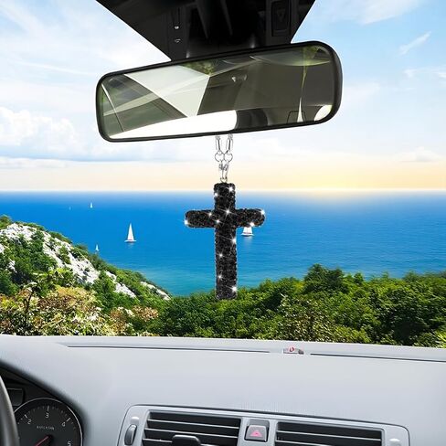 Bling Cross Car Rear View Mirror Charm, Crystal Rhinestone Religious Vehicles Rear View Mirror Pendant, Automotive Interior Decoration for Women Girls, Universal for Sedan SUV Truck (White) in Saudi Arabia
