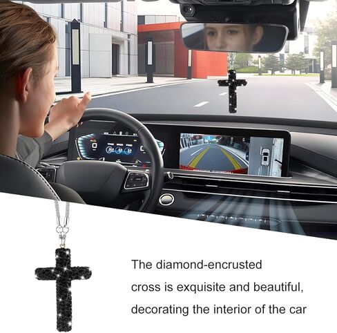 Bling Cross Car Rear View Mirror Charm, Crystal Rhinestone Religious Vehicles Rear View Mirror Pendant, Automotive Interior Decoration for Women Girls, Universal for Sedan SUV Truck (White) in Saudi Arabia