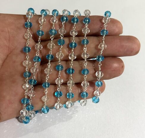 سلسلة مسبحة من الخرز الكريستالي الأزرق الداكن 6 مم - سلسلة خرز ملفوفة بسلك نحاسي مطلي بالفضة، صناعة المجوهرات بنفسك، والقلائد والحرف اليدوية سلسلة 5 أقدام in Saudi Arabia
