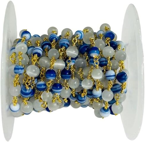 Handmade 6mm Blue Striped & White Monalisa Beaded Rosary Chain – Gold Plated Wire Wrapped Chain for Jewelry Making 5 feet in Saudi Arabia