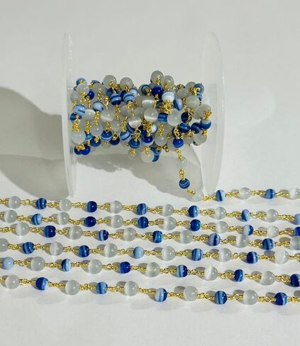 Handmade 6mm Blue Striped & White Monalisa Beaded Rosary Chain – Gold Plated Wire Wrapped Chain for Jewelry Making 5 feet in Saudi Arabia