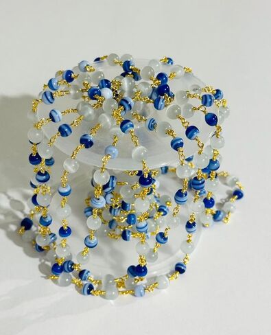 Handmade 6mm Blue Striped & White Monalisa Beaded Rosary Chain – Gold Plated Wire Wrapped Chain for Jewelry Making 5 feet in Saudi Arabia