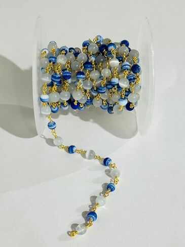 Handmade 6mm Blue Striped & White Monalisa Beaded Rosary Chain – Gold Plated Wire Wrapped Chain for Jewelry Making 5 feet in Saudi Arabia