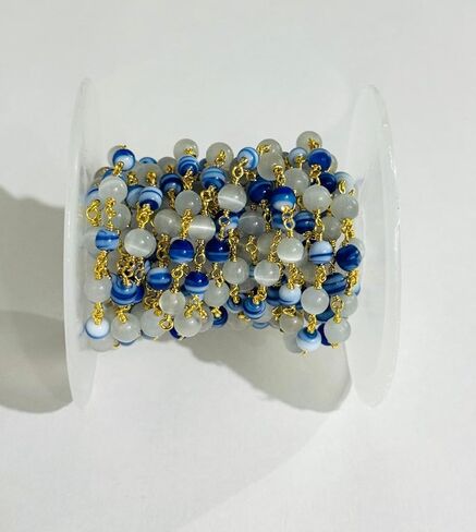 Handmade 6mm Blue Striped & White Monalisa Beaded Rosary Chain – Gold Plated Wire Wrapped Chain for Jewelry Making 5 feet in Saudi Arabia