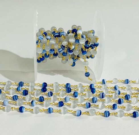 Handmade 6mm Blue Striped & White Monalisa Beaded Rosary Chain – Gold Plated Wire Wrapped Chain for Jewelry Making 5 feet in Saudi Arabia