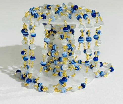 Handmade 6mm Blue Striped & White Monalisa Beaded Rosary Chain – Gold Plated Wire Wrapped Chain for Jewelry Making 5 feet in Saudi Arabia