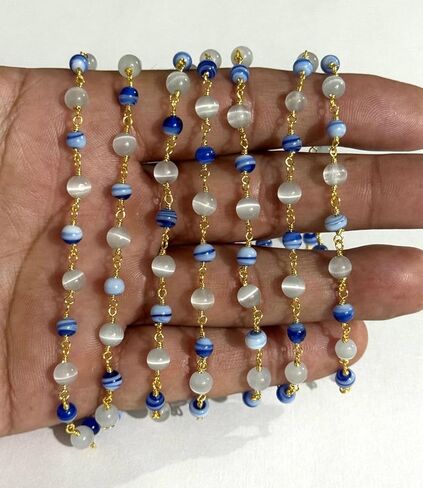 Handmade 6mm Blue Striped & White Monalisa Beaded Rosary Chain – Gold Plated Wire Wrapped Chain for Jewelry Making 5 feet in Saudi Arabia