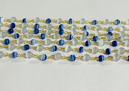 Handmade 6mm Blue Striped & White Monalisa Beaded Rosary Chain – Gold Plated Wire Wrapped Chain for Jewelry Making 5 feet in Saudi Arabia