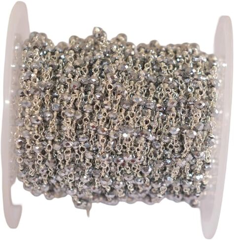 Silver Pyrite Beads Rosary Chain, 3mm Beads, Silver Plated Brass Wire Wrapped, Chain By Feet, Fashion Jwellary, Jewelry Making (10 Feet) in Saudi Arabia