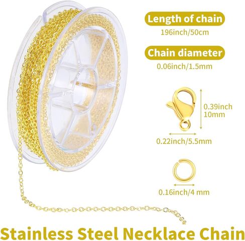 YBEATY 33ft Plated Chain Stainless Steel Gold Cable Findings DIY Jewelry Pendant Making Supplies Non Tarnish Roll with Lobster Clasps Jump Rings for Necklace Bracelet Craft in Saudi Arabia