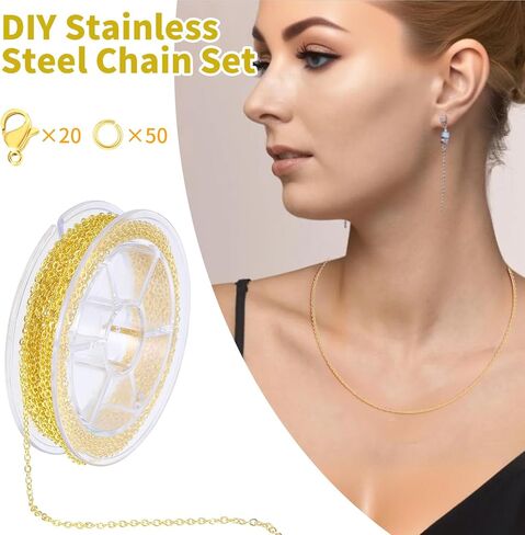 YBEATY 33ft Plated Chain Stainless Steel Gold Cable Findings DIY Jewelry Pendant Making Supplies Non Tarnish Roll with Lobster Clasps Jump Rings for Necklace Bracelet Craft in Saudi Arabia