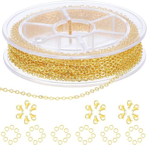 YBEATY 33ft Plated Chain Stainless Steel Gold Cable Findings DIY Jewelry Pendant Making Supplies Non Tarnish Roll with Lobster Clasps Jump Rings for Necklace Bracelet Craft in Saudi Arabia