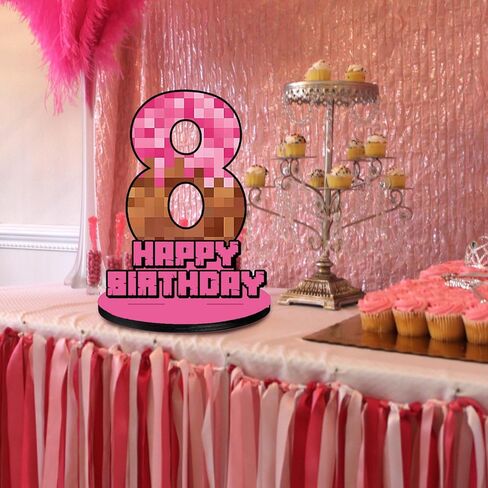 Pink Pixel Number 8 Birthday Number Sign Centerpiece,Wooden Number 8 Stand Table Sign for Boy Girl Kids Birthday Party Decoration, Halloween Party in Saudi Arabia