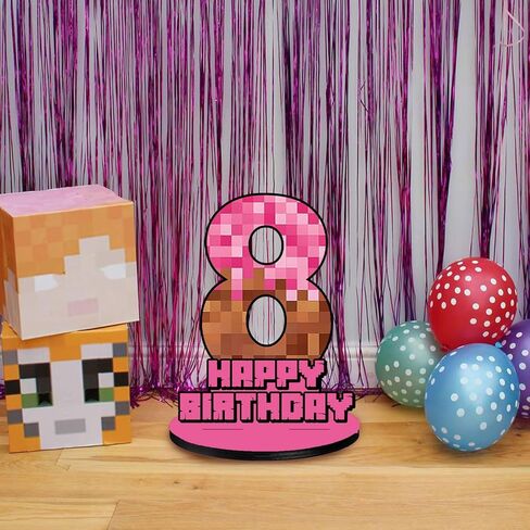 Pink Pixel Number 8 Birthday Number Sign Centerpiece,Wooden Number 8 Stand Table Sign for Boy Girl Kids Birthday Party Decoration, Halloween Party in Saudi Arabia