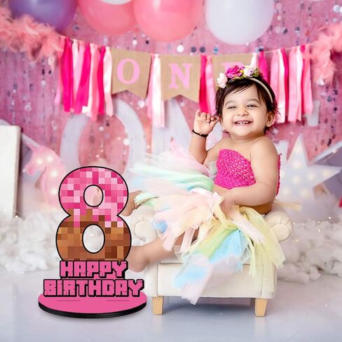 Pink Pixel Number 8 Birthday Number Sign Centerpiece,Wooden Number 8 Stand Table Sign for Boy Girl Kids Birthday Party Decoration, Halloween Party in Saudi Arabia
