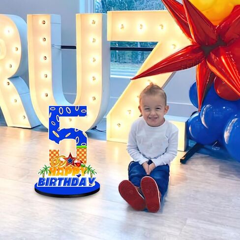 Blue Hedgehog Number 5 Birthday Number Sign Centerpiece,Wooden Party Centerpieces for Boy Girl Kids Birthday Party Decoration, Photo Props, Halloween Party in Saudi Arabia
