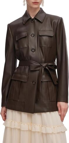 سترة نسائية من الجلد الصناعي بياقة مقلوبة وأزرار أمامية مفتوحة in Kuwait