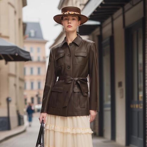 سترة نسائية من الجلد الصناعي بياقة مقلوبة وأزرار أمامية مفتوحة in Kuwait