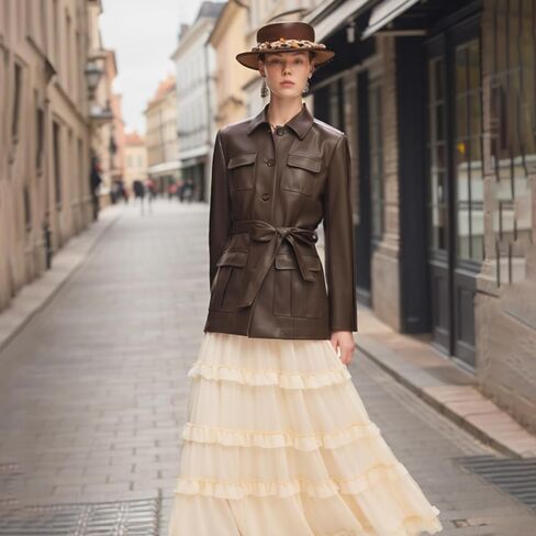 سترة نسائية من الجلد الصناعي بياقة مقلوبة وأزرار أمامية مفتوحة in Kuwait