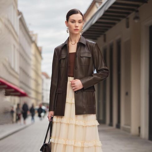 سترة نسائية من الجلد الصناعي بياقة مقلوبة وأزرار أمامية مفتوحة in Kuwait