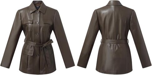 سترة نسائية من الجلد الصناعي بياقة مقلوبة وأزرار أمامية مفتوحة in Kuwait