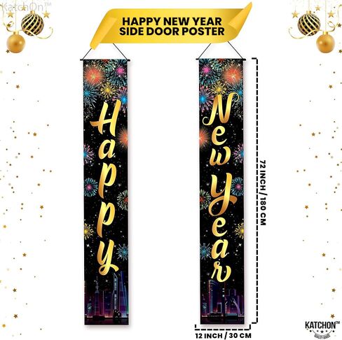 KatchOn XtraLarge 2026 Happy New Year Banner – 72x12 Inch | Black and Gold Happy New Year Door Banner for New Years Decorations 2026 | Porch Banner for New Years Eve Party Supplies 2026 | NYE Decor in Saudi Arabia