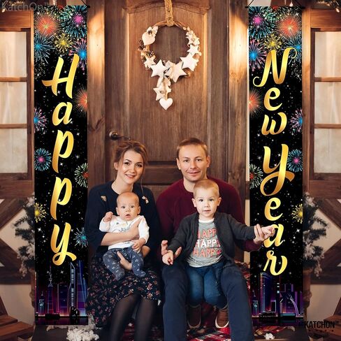 KatchOn XtraLarge 2026 Happy New Year Banner – 72x12 Inch | Black and Gold Happy New Year Door Banner for New Years Decorations 2026 | Porch Banner for New Years Eve Party Supplies 2026 | NYE Decor in Saudi Arabia